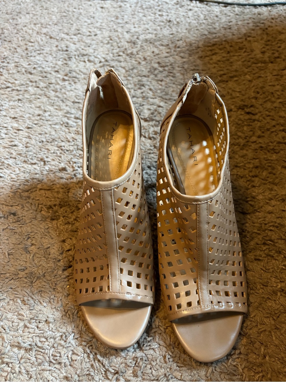 Tahari Beige Laser-Cut Peep-Toe Booties